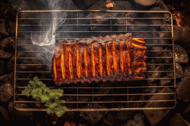 Draufsicht auf Rippchen auf einem Grill mit Lagerfeuer und Rauch unten, erzeugt mit generativer KI