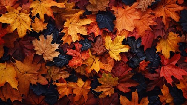 Draufsicht auf rot-orangefarbene und gelbe Blätter im Hintergrund, gefallene Blätter im Herbst. Generative KI