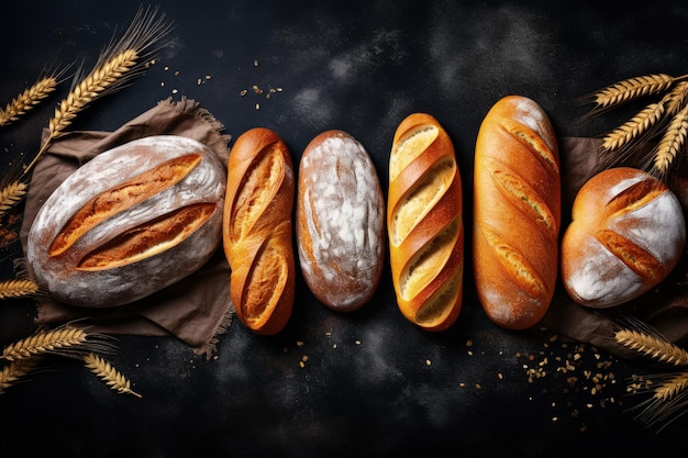 Draufsicht auf rustikale goldene Brote und Brötchen auf einem Tafelhintergrund in einer Bäckerei