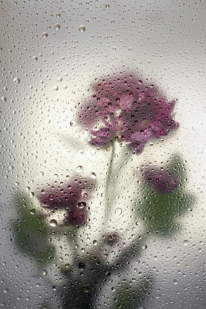 Draufsicht auf schöne Blumen durch das Glas mit Wassertropfenhintergrund. Blumenhintergrund zum Valentinstag.