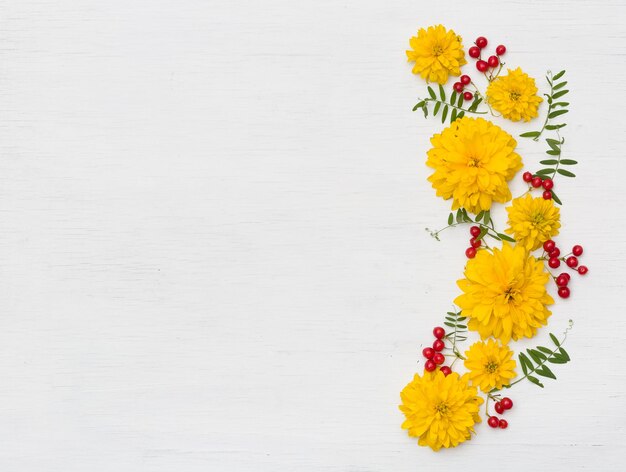 Draufsicht auf schöne gelbe Sommerblumen auf weißem Holzhintergrund