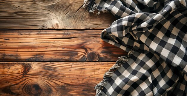 Draufsicht auf schwarz karierte Tischdecke auf leerem, leerem Holztisch, Hintergrundbanner, Lebensmittelkonzept xA