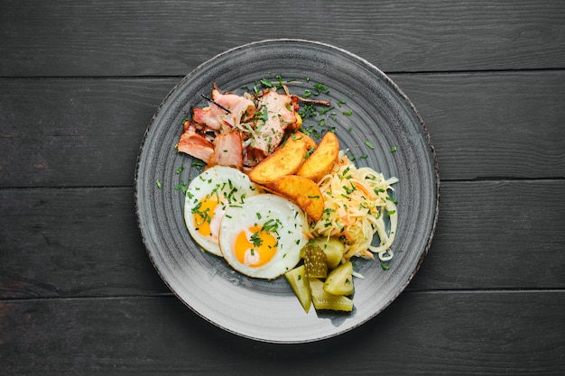 Draufsicht auf Spiegeleier, Schinken mit Kartoffelspalten, Sauerkraut und Gurke auf schwarzem Holztisch