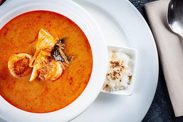 Draufsicht auf Tom Yum Suppe serviert in weißem Teller mit Reis