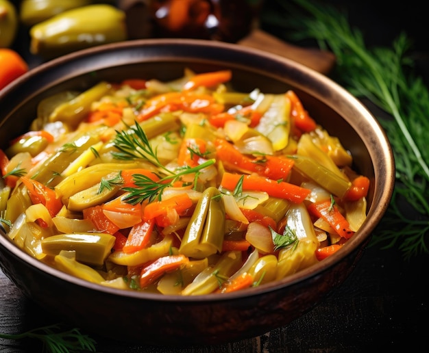 Draufsicht auf türkischen geschmorten Lauch und Karotten in Olivenöl, auf Türkisch Zeytinyagli Pirasa genannt