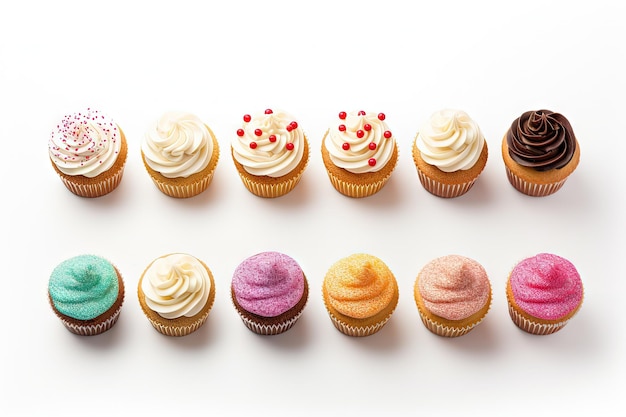 Draufsicht auf Vanille-Cupcakes mit bunten Buttercreme-Tops auf weißem Hintergrund, leckere Desserts in