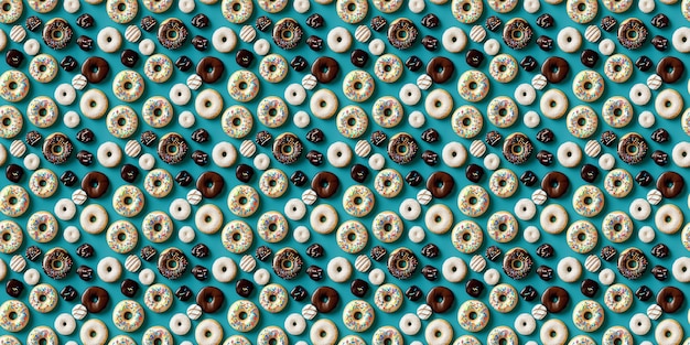 Draufsicht auf verschiedene dekorierte Donuts auf blauem Hintergrund