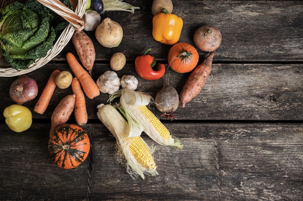 Draufsicht auf verschiedene Herbstgemüse wie Süßkartoffel, Mais, Karotten, Kürbis, Zwiebeln, die aus einem Weidenkorb auf Holzbrettern verstreut sind.