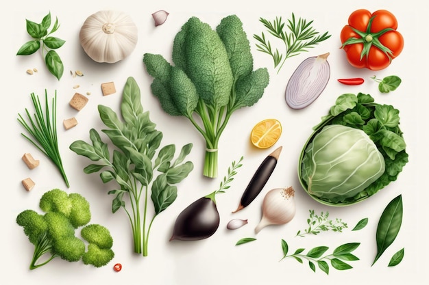 Draufsicht auf verschiedenes frisches Gemüse und Kräuter isoliert auf weiß