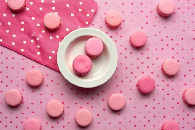 Draufsicht auf verstreute Macarons auf einer rosa Tischdecke