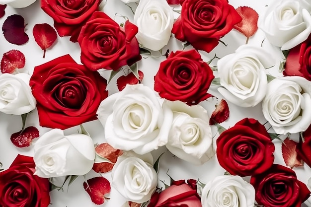 Draufsicht auf wunderschöne Rosenblätter auf weißem Hintergrund. Ai generiert
