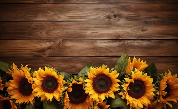 Draufsicht auf wunderschöne Sonnenblumen auf einem Holzhintergrund mit Kopierraum