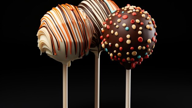 Draufsicht auf zwei dekorierte Cake-Pops-Eiscremes auf schwarzem generativem Ai