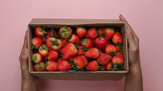 Draufsicht der Frau, die Kasten mit frischer Erdbeere hält