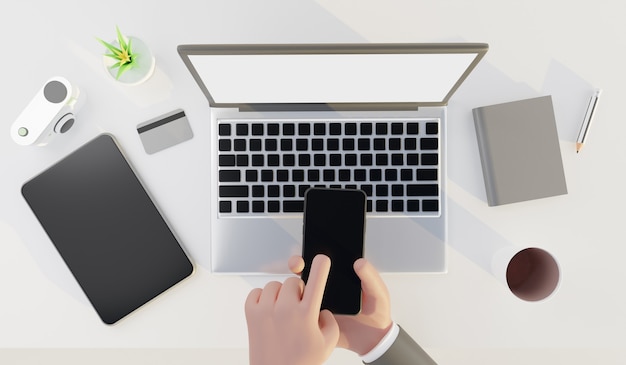 Draufsicht der Geschäftsmannhände mit Smartphone-Modell am weißen Schreibtisch. 3D-Rendering