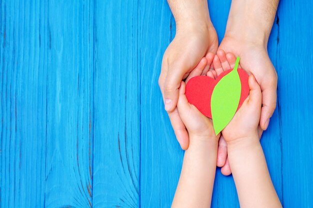 Draufsicht des grünen Blattes mit rotem Herzen in den Händen von Erwachsenen und Kindern auf hölzernem blauem Hintergrund. Konzept des Weltumwelttages, Weltgesundheitstages und Tag der Erde. Platz kopieren.