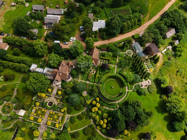 Draufsicht des Herrenhauses Orekhovo im Sommer