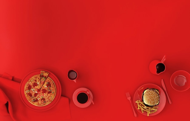 Foto draufsicht des kopierraums mit essen auf rotem tisch