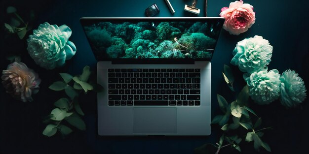 Draufsicht des Laptops mit stationärem und Blumen