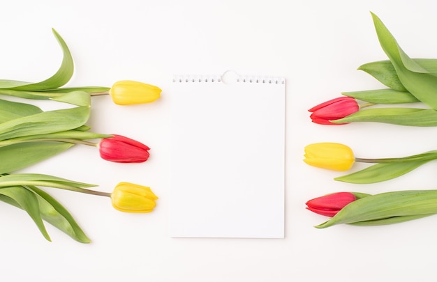 Draufsicht des leeren Kalenders mit bunten Tulpen auf weißem Hintergrund.