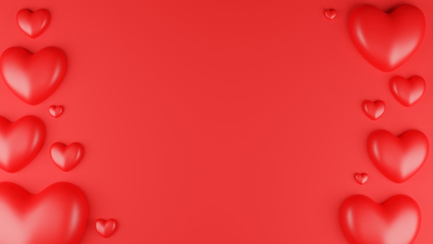 Draufsicht des roten Herzens mit Rahmen auf rotem Hintergrund. Valentinstag Konzept. 3D-Rendering-Illustration.