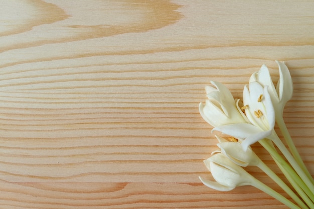 Draufsicht eines Bündels reinen weißen Millingtonia-Blumen auf hellbraunem Holztisch