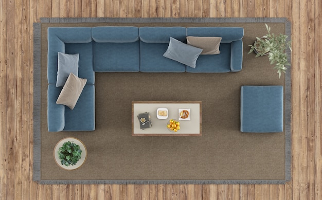 Draufsicht eines modernen Wohnzimmers mit weißem Sofa und Couchtisch auf Teppich - 3D-Darstellung