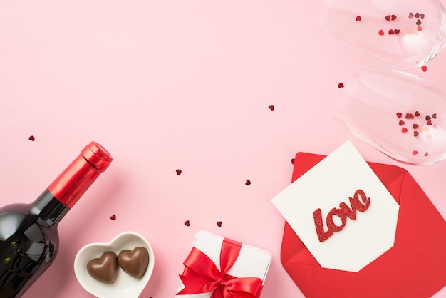 Draufsicht Foto von Valentinstag Dekor Geschenkbox Umschlag Karte Inschrift Liebe zwei Weingläser Weinflasche herzförmige Untertasse mit Bonbons Konfetti auf isoliertem pastellrosa Hintergrund mit Copyspace