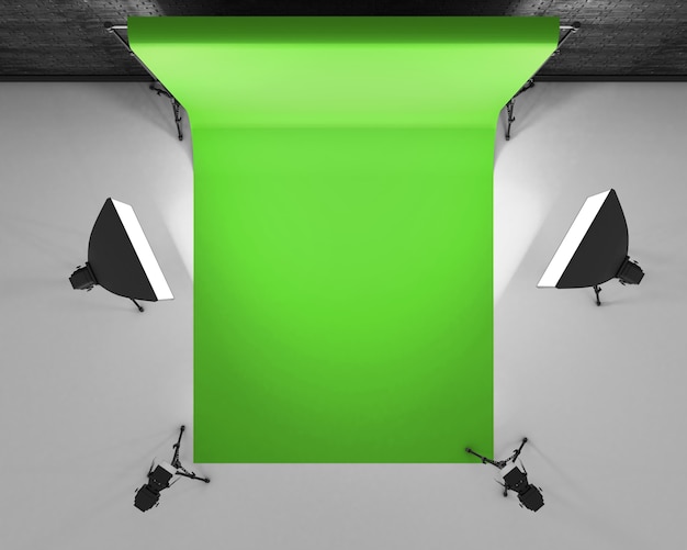 Draufsicht Greenscreen Studio mit Leuchtkasten und Softbox. Filmstudio mit grünem Hintergrund. 3D-Rendering.