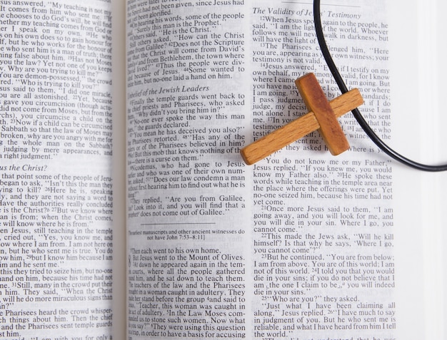 Draufsicht Holzkreuz auf einer offenen Bibel