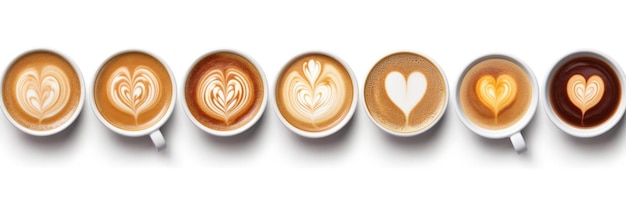 Draufsicht Kaffeetassen-Sortiment mit Herzschild, Draufsicht-Sammlung isoliert isoliert auf weißem Hintergrund Generative KI