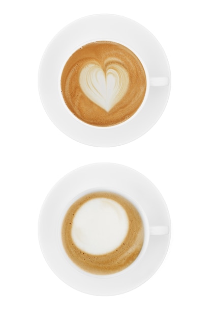 Draufsicht Kaffeetassensammlung, Kaffeetassensortiment mit Formzeichensammlung lokalisiert auf Weiß.