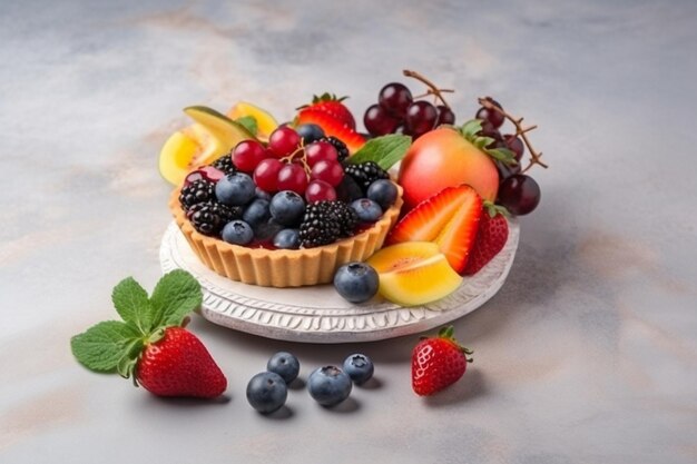 Foto draufsicht kleiner kuchen mit frischen früchten auf weißem schreibtisch