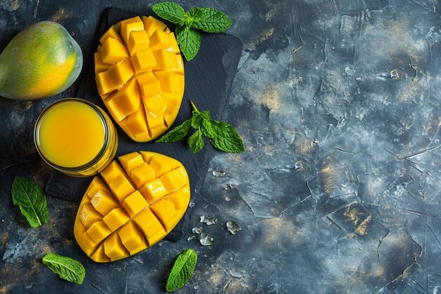 Foto draufsicht, kopierraum, geschnittene mango auf der tafel mit einem glas orangensaft und minzblättern