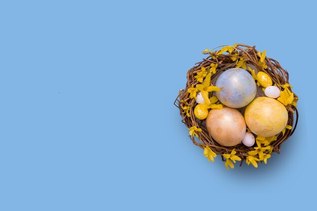 Draufsicht Nest mit farbigen Eiern mit Blumen auf Blau