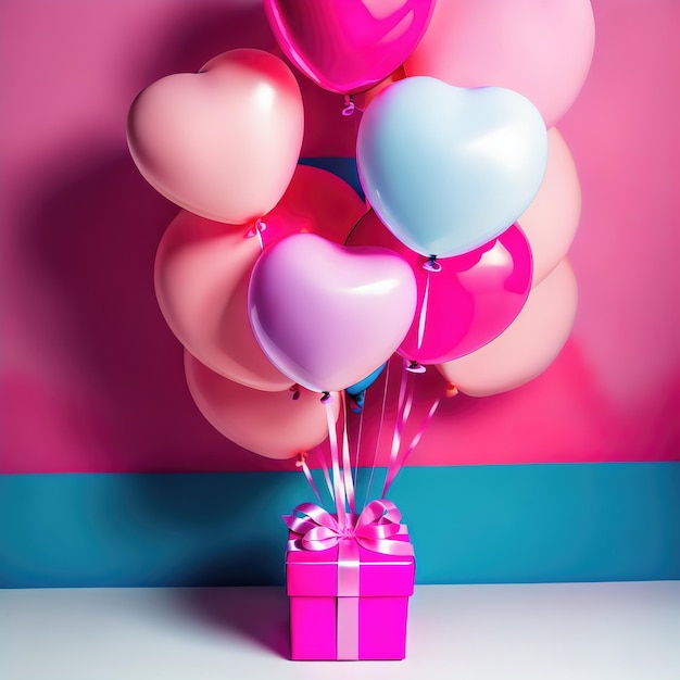 Draufsicht rosa Ton der Geschenkbox vorhanden und rosa Luftballons generative Kunst von AI