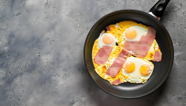 Draufsicht schwarze Bratpfanne mit Rührei und Schinken-Frühstücksessen mit Platz drumherum