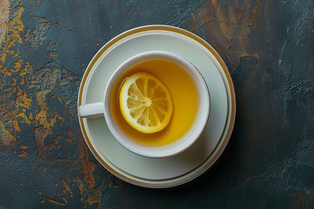 Draufsicht Tasse Tee Zitronenscheiben in kleiner Untertasse auf dunklem Tisch