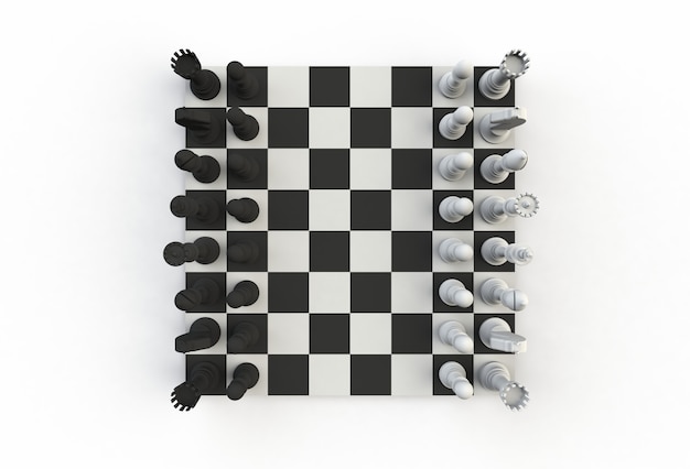 Draufsicht von Schachfiguren auf dem Spielbrett auf weißem Hintergrund, Wiedergabe 3D