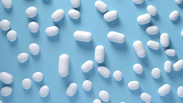 Draufsicht, weiße Medizintabletten, Antibiotika-Pillen auf einem weichen blauen Hintergrund, Kopierraum, Apothekenthema AI Generativ
