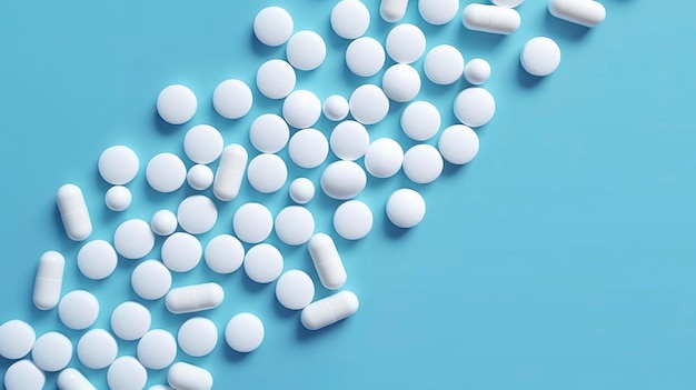 Draufsicht, weiße Medizintabletten, Antibiotika-Pillen auf einem weichen blauen Hintergrund, Kopierraum, Apothekenthema AI Generativ