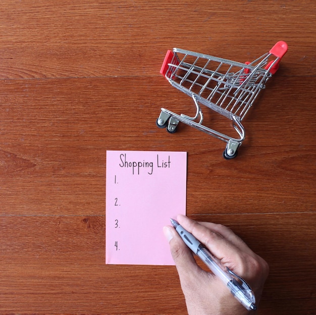Draufsichtbild des Einkaufswagens und des Papiers mit Text Einkaufsliste
