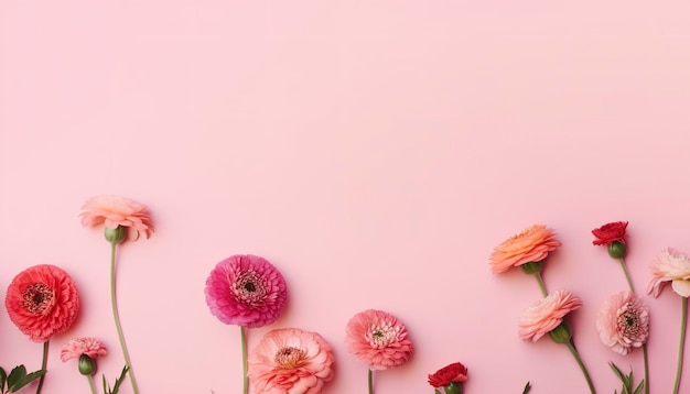 Draufsichtbild einer rosa Blumenkomposition auf pastellfarbenem Hintergrund erzeugt KI