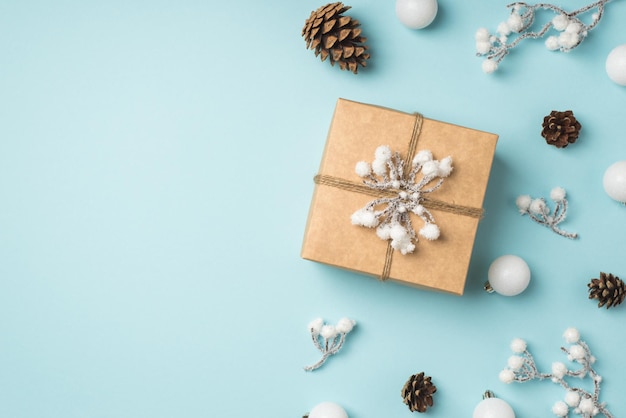 Draufsichtfoto der Geschenkbox, verziert mit Schneezweig und Bindfaden, weiße Weihnachtsbaumkugeln und Tannenzapfen auf isoliertem pastellblauem Hintergrund mit Leerzeichen