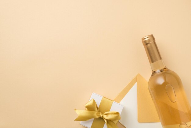 Draufsichtfoto einer Flasche Weißweinumschlag mit Karte und weißer Geschenkbox mit goldener Schleife auf isoliertem beigem Hintergrund mit Kopierraum