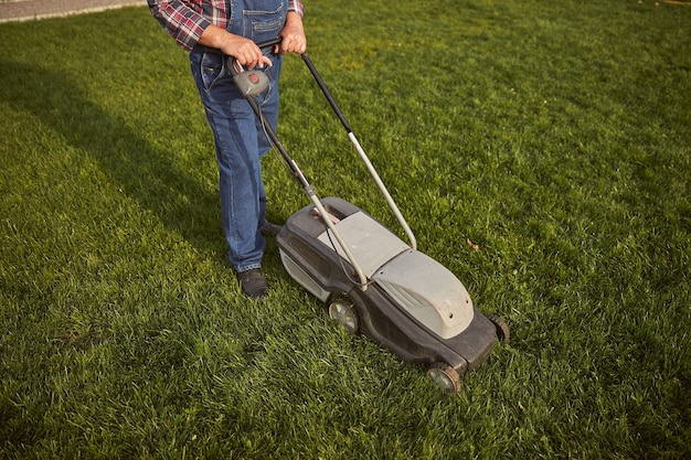 Draufsichtfoto eines verantwortungsbewussten Gärtners, der mit einem Grasschneider einen grünen Rasen mäht