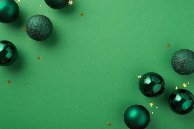 Draufsichtfoto von grünen Weihnachtsbaumbällen, goldenem sternförmigem Konfetti und Pailletten auf isoliertem grünem Hintergrund mit Copyspace
