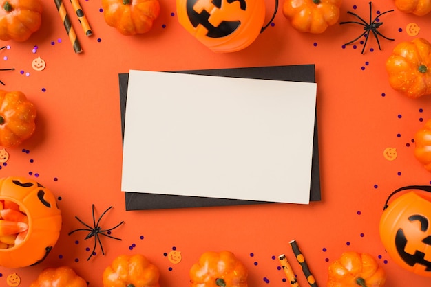 Draufsichtfoto von Halloween-Dekorationen, schwarzer Umschlag, weiße Karte, Kürbiskörbe, Süßigkeiten, Maisstroh, Spinnen und violette Pailletten auf isoliertem orangefarbenem Hintergrund mit leerem Raum