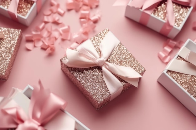 Draufsichtfoto von rosa Geschenkboxen mit rosa Schleife auf isoliertem pastellrosa Hintergrund mit Kopierraum