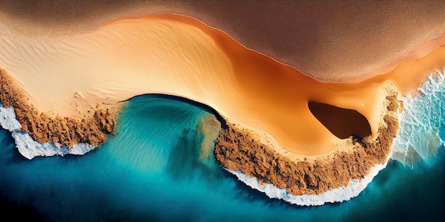 Draufsichtsandstrand mit dem Ozean und den Wellen, die im Hintergrund sichtbar sind